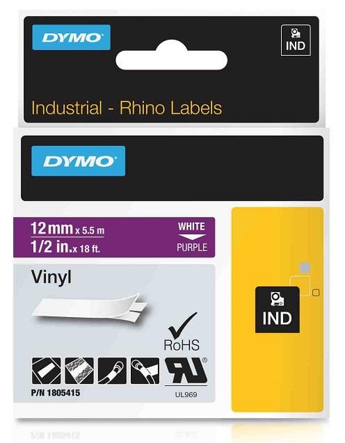 DYMO vinylová páska RHINO D1 12 mm x 5,5 m, bílá na fialové, 1805415