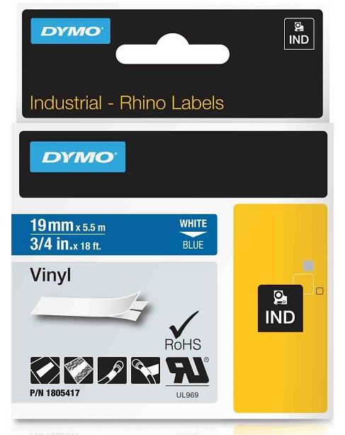 DYMO vinylová páska RHINO D1 19 mm x 5,5 m, bílá na modré, 1805417