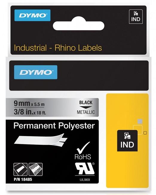 DYMO permanentní polyesterová páska RHINO D1 9 mm x 5,5 m, černá na metalické, S0718170