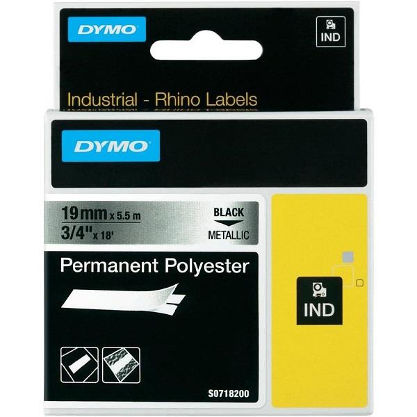 DYMO permanentní polyesterová páska RHINO D1 19 mm x 5,5 m, černá na metalické, S0718200