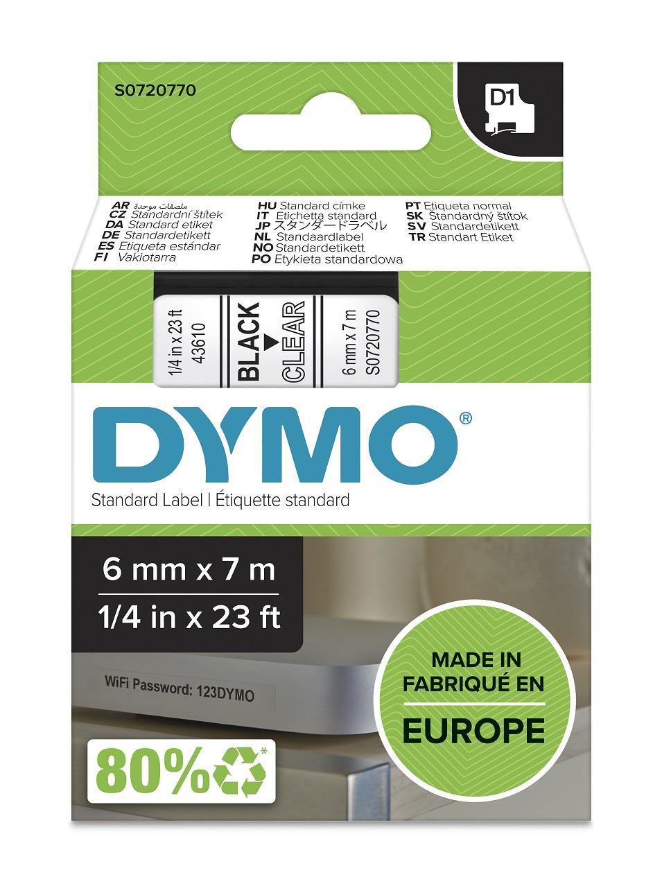 DYMO páska D1 6mm x 7 m, černá na průhledné, 43610, S0720770