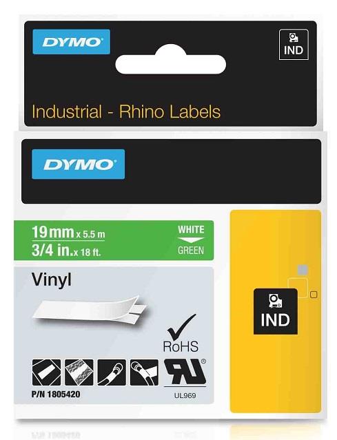 DYMO vinylová páska RHINO D1 19 mm x 5,5 m, bílá na zelené, 1805420