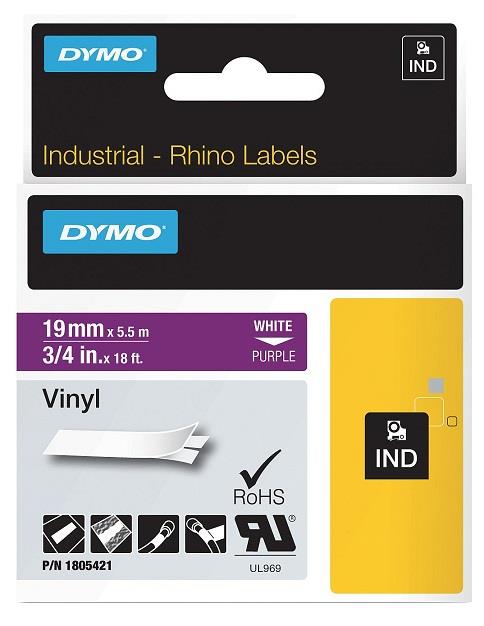 DYMO vinylová páska RHINO D1 19 mm x 5,5 m, bílá na fialové, 1805421