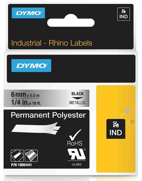 DYMO permanentní polyesterová páska RHINO D1 6 mm x 5,5 m, černá na metalické, 1805441